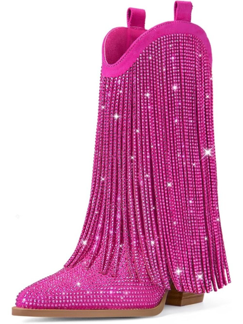 Women Pink Pull-On Cowgirl Rhinestone Sparkly Fringe Pointed Toe Heel Boot